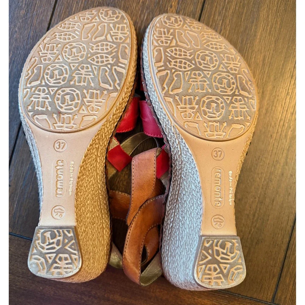 Remonte Red Tan Leather Beaded Wedge Sandals Womens 37 Slingback Boho US Sz 6.5